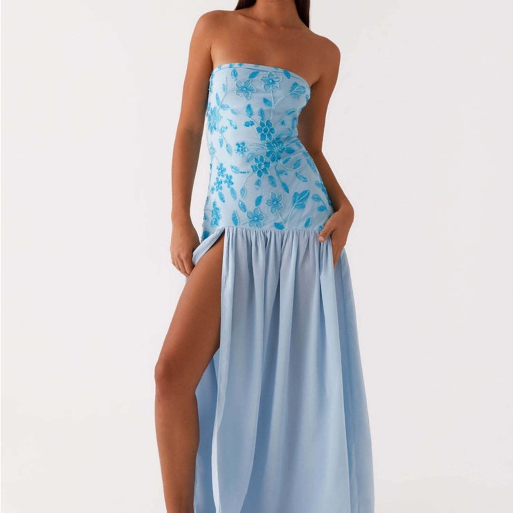 Peppermayo Light Blue Strapless Floral Maxi Dress
